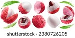 Small photo of Set of ripe lychee fruits: one whole and six differently peeled, lychee peel and leaves isolated on white background.
