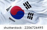 Close-up view of the South Korea national flag waving in the wind. The Republic of Korea is a country in East Asia. Fabric textured background. Selective focus