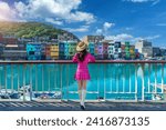 Tourist visiting around Colorful Zhengbin Fishing Port in Keelung, Taiwan.