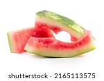 Small photo of Watermelon peel peices. Ripe sweet watermelon isolated on white. Summer food
