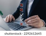 Businessman tick X mark to rejected document checklist icon.check problem solution management with quality assurance or QA and quality control or QC and improvement, Standardization and certification.