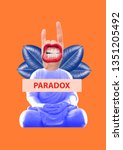 Small photo of Paradox, calm and drive. Combine incompatible things for being bright. Buddha statue with head as sign of horns and big mouth with teeth screeching. Modern design. Contemporary art collage.