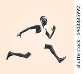 Small photo of Young caucasian man running isolated on studio background. One male runner or jogger. Healthy lifestyle, movement, action, motion, advertising and sports concept. Abstract design.