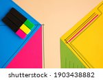 Small photo of Popstar. Stationery in bright pop colors with visual illusion effect, modern trendy line art. Collection, set for education. Youth culture, stylish things around us. Trendy creative workplace.