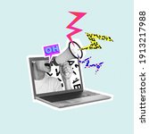 Small photo of Shouting out your own thoughts online. Man with megaphone in laptop. Modern design, contemporary art collage. Inspiration, idea, trendy urban magazine style. Negative space to insert your text or ad.