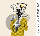 Small photo of Taking a break. Comics styled yellow dotted suit. Modern design, contemporary art collage. Inspiration, idea concept, trendy urban magazine style. Negative space to insert your text or ad.