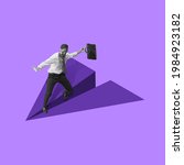 Small photo of Young man manager, finance analyst or clerk in office suit flying on drawn plane isolated on purple background. Collage, illustration. Concept of finance, economy, professional occupation, business.