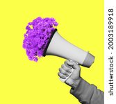Small photo of Male hand with flowers in megaphone. Contemporary art collage, modern artwork. Concept of idea, inspiration, creativity and beauty. Bright yellow, purple colors. Copyspace for your ad or text. Surreal