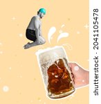 Small photo of Plunge into holiday with head. Funny cheerful swimmer. Cute red-headed man in red swimming shorts and cap jumping into huge glass of beer. Concept of party, festival, oktoberfest, humor.