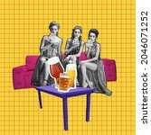 Small photo of Hen party, girl's night out. Holiday mood. Contemporary art collage with open female mouth and glass of light beer. Concept of festival, national traditions, taste, drinks and holidays. Surrealism