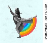 Small photo of Beauty, fashion. Dancing woman and rainbow isolated on light background. Contemporary art collage. Concept of human relation, community, diversity, symbolism, surrealism. Social media, issues, unity.