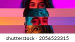 Small photo of Collage of close-up male and female eyes isolated on colored neon backgorund. Multicolored stripes. Concept of equality, unification of all nations, ages and interests. Diversity and human rights