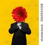 Small photo of Dandy, teddy-boy. Young stylish man headed by red gerbera flower isolated on yellow background. Copy space for ad. Conceptual, contemporary bright artcollage. Retro style, surrealism, fashionable.