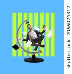 Small photo of Business man sitting in lotus position. The world revolves around you. Modern design, contemporary art collage. Inspiration, ideas, magazine style, creativity concept. Copyspace for ad. Surrealism.