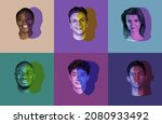 Diversity. Set, collage of young male and female faces, heads with colored silhouette, shadow isolated on colored background. Human emotions, split personality, mental problems concept.