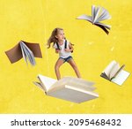 Small photo of School preparation. Contemporary art collage of child, girl flying, surfing on open book isolated over yellow background. Concept of education, childhood, discovery, artwork, inspiration and ad