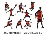 Small photo of Development of movements. Collage made of images of professional basketball player in sports uniform with ball in motion, action isolated on white studio background. Motion, action, sport concept