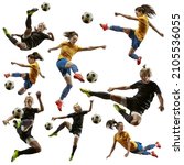 Small photo of Female football. Set made of professional soccer players with ball in motion, action isolated on white studio background. Attack, defense, fight, kick. Group of girls in football kits. Square