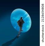 Small photo of Conceptual creative artwork with young man walking on outer space background. Concept of astronautics, dreams, astronomy, art, Day of Human Space Flight. Contemporary art collage. Ideas, imagination