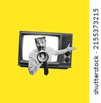 Small photo of Breaking news. Contemporary art collage. Excited man sticking out from retro tv set isolated on yellow background. Concept of art, surrealism, news, sales, info, discount. Copy space for ad