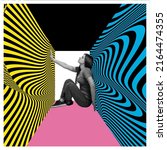 Small photo of Labyrinth. Sad young woman with depression sitting in cube with blue and yellow hypnotic, optical illusion walls. Contemporary art collage. Concept of inner world, psychology, diversity, chaos