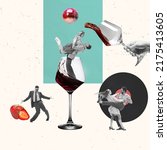 Small photo of Contemporary art collage. Creative design. Stylish cheerful people having fun on party, dancing, drinking wine. Concept of creativity, fun, leisure time, retro fashion. Excited meeting