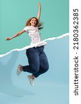 Small photo of Happiness, win, success. Creative art collage with young slim girl and plus-size woman jumping isolated on blue-green background. Weight loss, fitness, healthy eating, motivation concept.