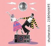 Small photo of Contemporary art collage. Cheerful, stylish, young couple dancing on vintage music player isolated on pink background. Disco party. Concept of creativity, retro style, party, fun. Copy space for ad