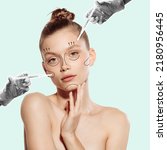 Small photo of Contemporary art collage. Young woman doing cosmetological injections on face to reduce mimic wrinkles and make lifting effect. Concept of beauty, plastic surgery, medicine, clinical cosmetology, ad