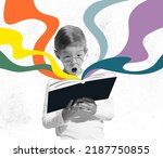 Small photo of Adventure story. Surprised little boy with shocked expression reading book, story isolated over colorful background. Concept of education, childhood, imagination, artwork, inspiration and ad