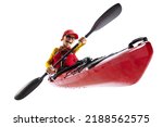 Small photo of Rowing. Beginner kayaker in red canoe, kayak with a life vest and a paddle isolated on white background. Concept of sport, nature, travel, active lifestyle. Copy space for ad, text, design