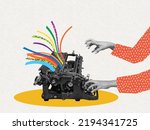 Creative process. Pop art collage. Female hand typing on retro typewriter isolated over white background. Vintage, retro 80s, 70s style. Bright colors. Copy space for ad, text