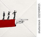 Small photo of Creative design. Conceptual image. Young men, businessman moving forward on hand showing direction. Manipulation. Concept of politics, social issues, human rights, propaganda, voting system