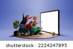 Small photo of Goal. Group of young emotional friends watching football match, sport show or movie together. Excited girls and boys sitting in front of huge 3D model of device screen at home interior