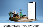 Small photo of Win, goal. Astonished young people watching football match, sport show. Youth sitting on sofa in front of huge 3D model of cellphone screen. Concept of sport, leisure activities, betting, ad