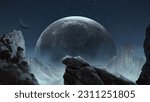 Small photo of Creative design for wallpaper, background, poster. Giant moon over starry sky at night. Mountains, rock landscape. Dark artwork. Futurism, creativity, beauty of nature and space