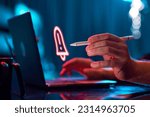 Businessman working on laptop. Digital, holographic icon of notification. Programming. Concept of business, modern technologies, network, digitalization