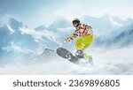 Small photo of Young girl in sportswear sliding on snowboard over snowy mountains background. Winter activity. Concept of winter sport, action, motion, hobby, leisure time. Banner. Copy space for ad