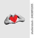Small photo of Male and female hands making heart symbol. Contemporary art collage. Minimalism. Concept of Valentine's Day, holiday, love, 14th of February. Template for ads, postcard, invitation, poster