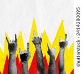 Small photo of Poster for a rock music festival, celebrating the spirit and enthusiasm of the genre. Multiple hands making the rock n' roll sign with a vibrant abstract background, representing musical passion.