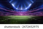 Aerial view of 3D render American football, soccer stadium with blurred tribunes with fans, empty arena in neon light. Open air match. Professional sport, event, tournament, game, championship concept