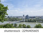 Beautiful view of The Bratislava UFO Tower on the banks of the Danube in the old town of Bratislava, Slovakia on a sunny summer day 