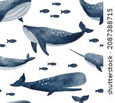 cute watercolor whale. blue... | Shutterstock . vector #2087388715