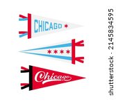 Set of Chicago pennants. Retro colors labels. Vintage hand drawn wanderlust style. Isolated on white background. Good for t shirt, mug, other identity. 