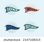 Vintage pennants Iowa, Indiana, Rhode Island, South Carolina. Retro colors labels. Vintage hand drawn wanderlust style. Isolated on white background. Good for t shirt, mug, other identity. 
