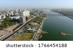 Aerial view of Ahmedabad,Gujarat,India. Riverfront and garden with skyline buildings drone view landscape. Post coronavirus covid-19 city reopens. social distancing rules after city restrictions ease.