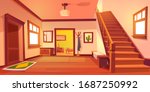 Rustic house hallway entrance interior with wooden stairs and furniture. Western style apartment with door, hanger, carpet, cowboy hat on table and cactus picture on wall. Cartoon vector illustration.