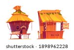 Tiki hut bar, hawaii beach wooden construction with hay roof and bamboo menu, tropical cabin on piles for selling drinks or snacks, summer party shacks, Cartoon vector illustration, icons, clip art