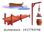 Old wooden pier on river, sea or lake, water surface with boat, pole with lantern, barrel, bags isolated on white background. Vector cartoon set, wharf for fishing, dock for canoe berth at pond