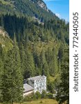 Small photo of ROSENLAUI VALLEY, BERNESE OBERLAND, SWITZERLAND - SEPTEMBER 2017: 18th century historic Rosenlaui mountain hotel and restaurant, a glimpse of early Swiss alpine tourism.